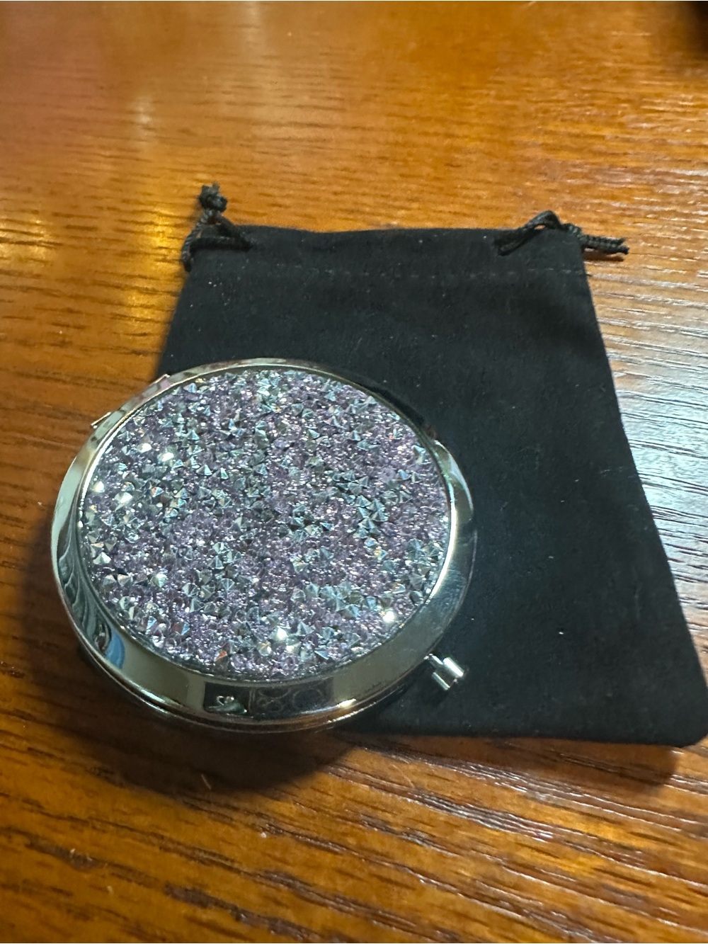 Round Silver Compact Mirror with Sparkling Light Purple Top